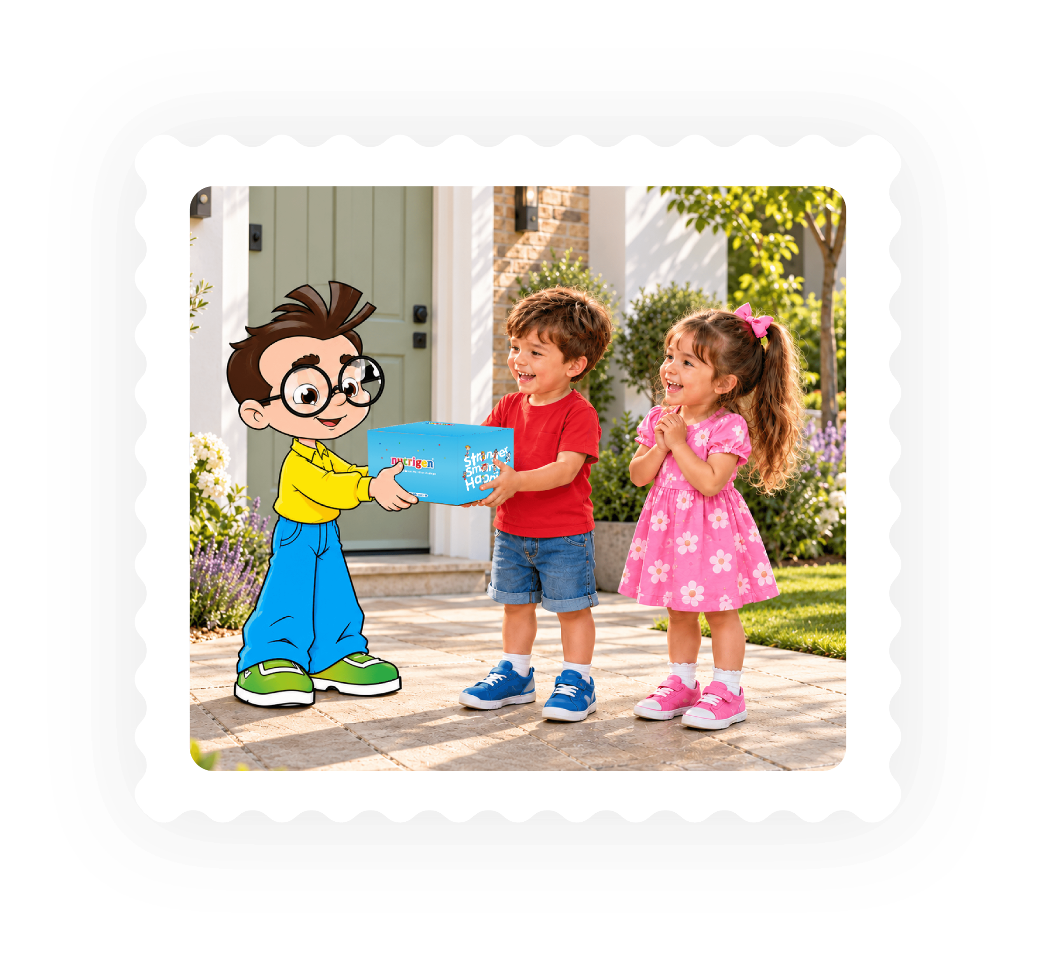 Nutrigen courier character delivering a parcel to two smiling children.