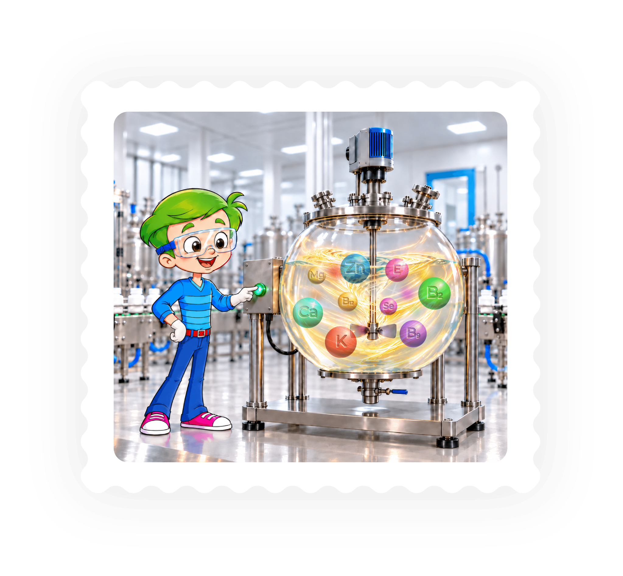 Nutrigen character preparing a formula in a mixing machine.