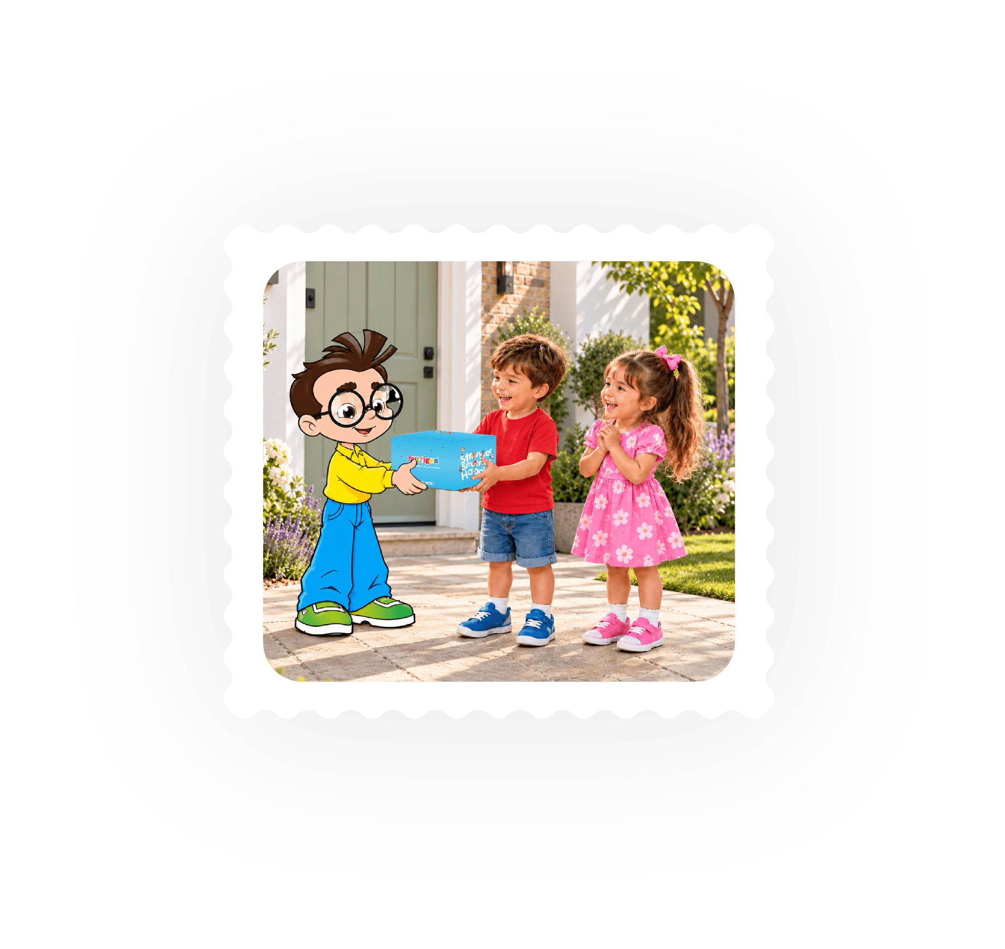 Nutrigen courier character delivering a parcel to two smiling children.
