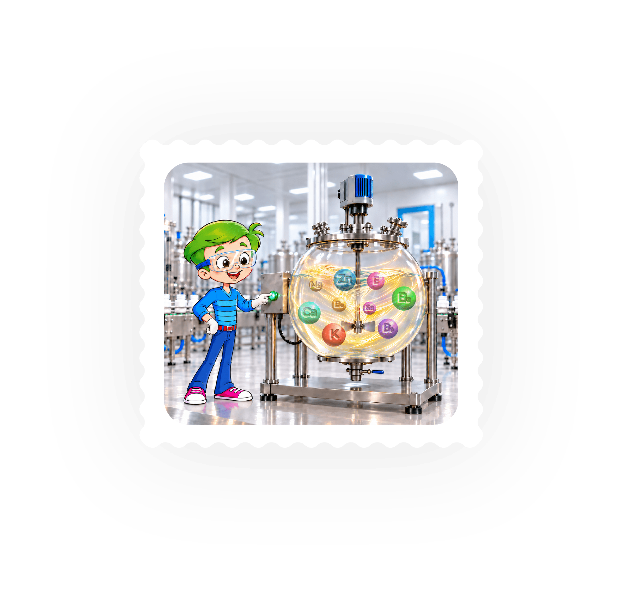 Nutrigen character preparing a formula in a mixing machine.