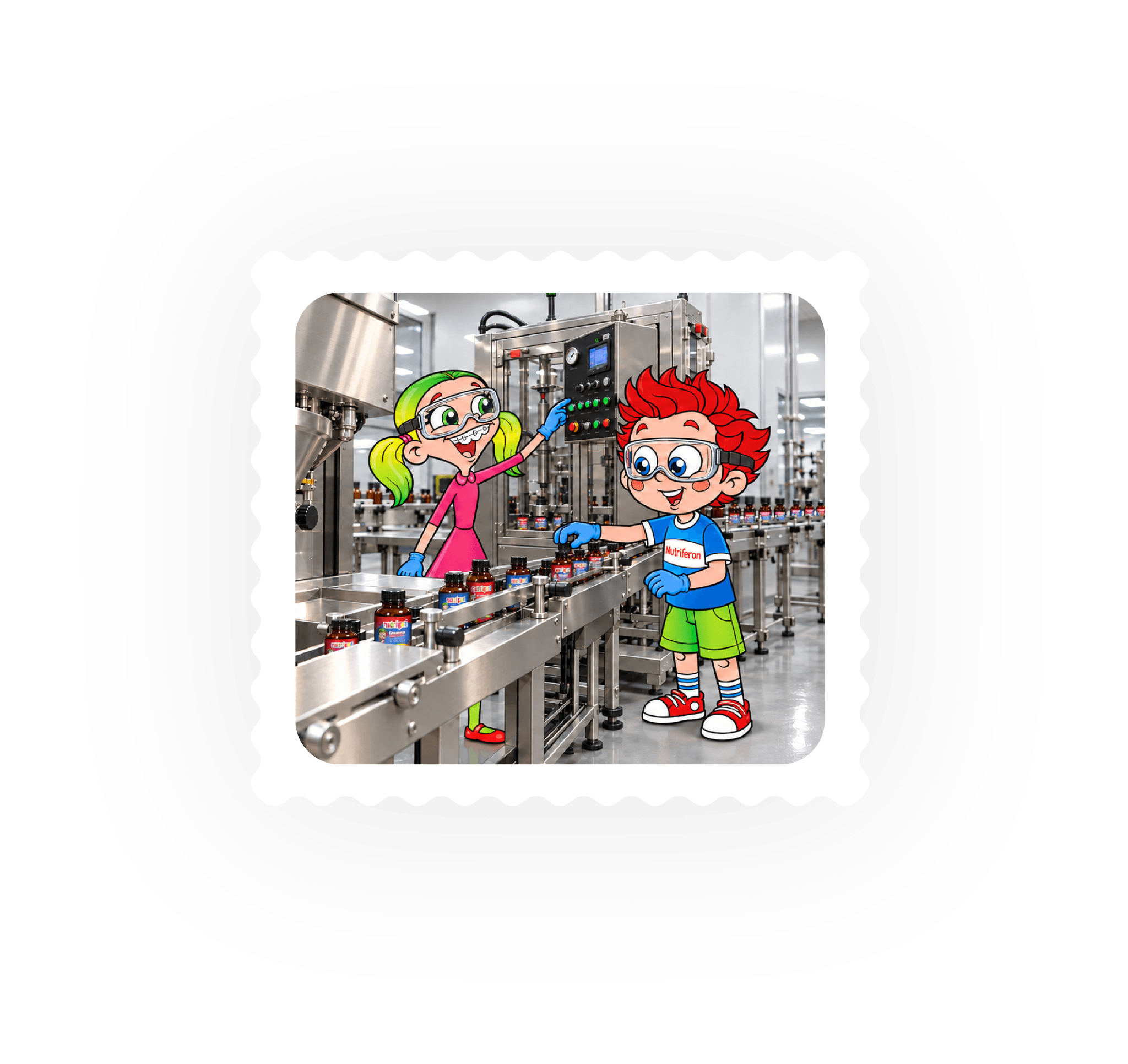 Nutrigen characters carefully packing bottles on a factory production line.