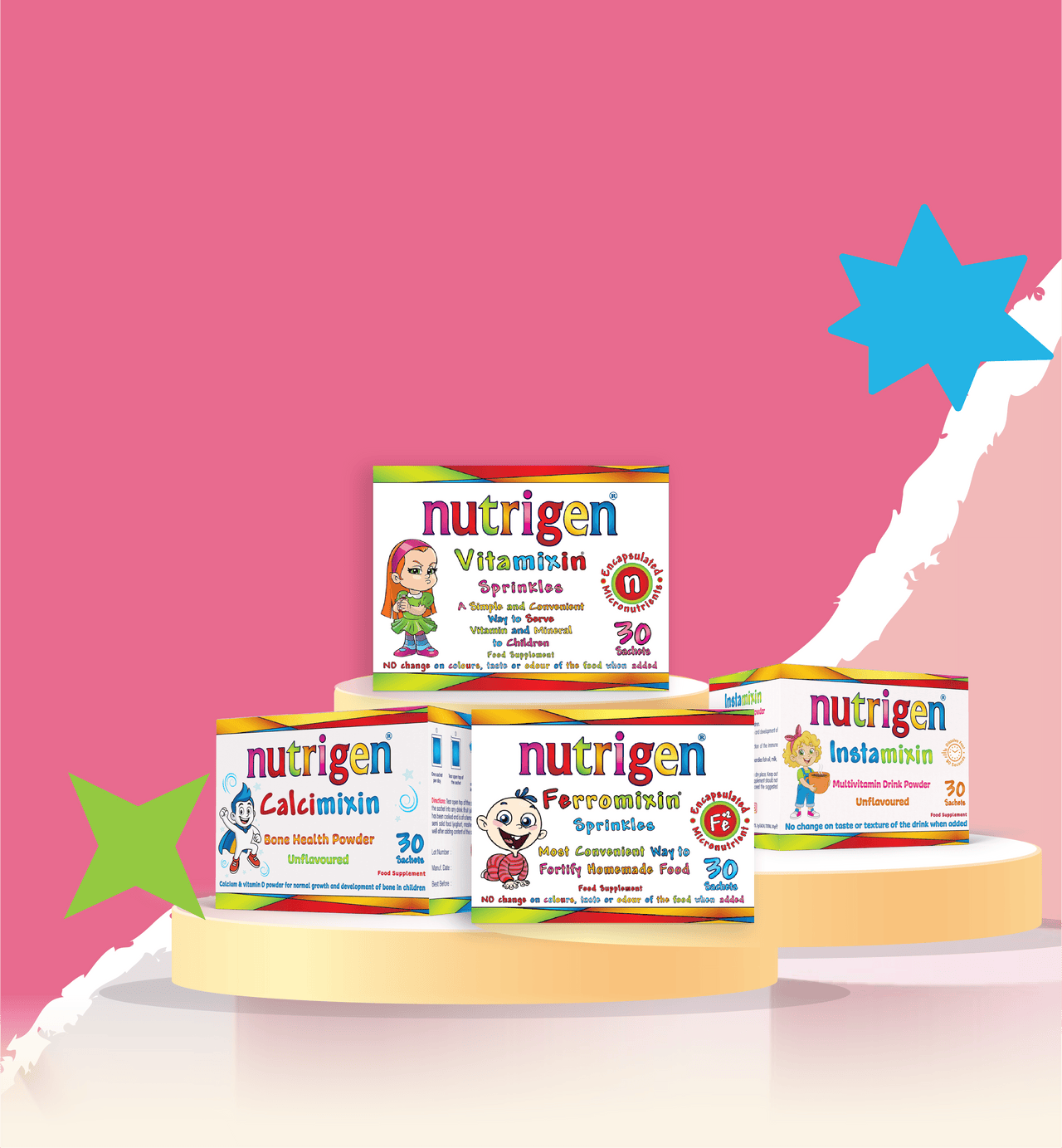 Nutrigen Vitamixin, Calcimixin, Ferromixin und Instamixin Pulver