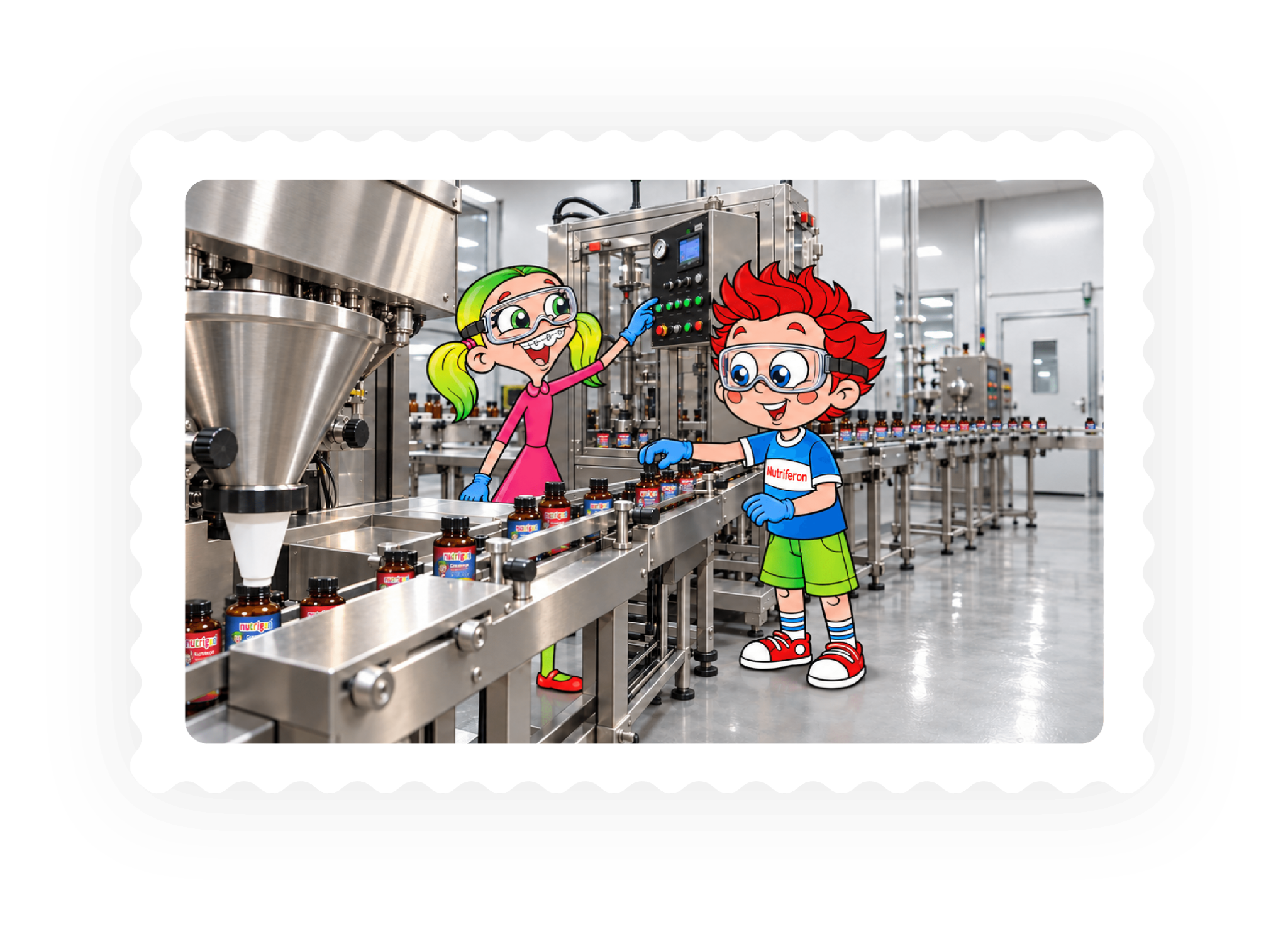 Nutrigen characters carefully packing bottles on a factory production line.